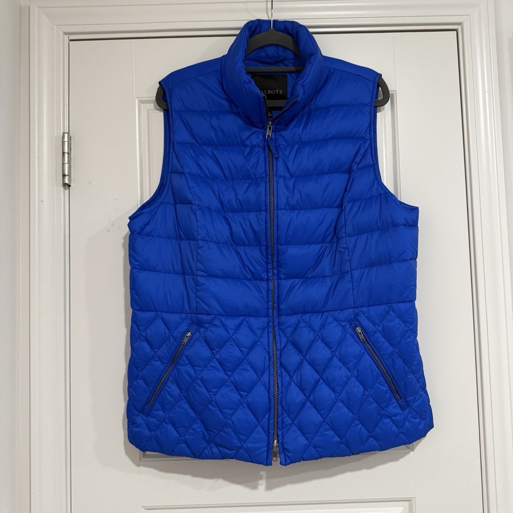 Talbots Quilted Down Vest Puffer Full Zip Sleeveless Blue Size L Preppy Classic